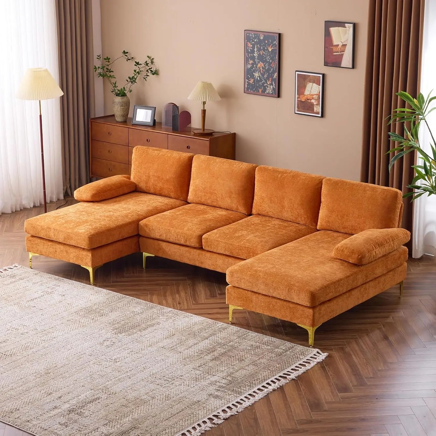 Ljustra Modern U-Shape Couch, 4-Seat Chenille Sectional Sofa, Burnt Orange, 110"