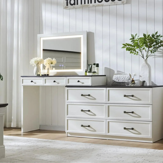 69 Inch Big Vanity Desk Glass Top Farmhouse Makeup Table Storage Drawers