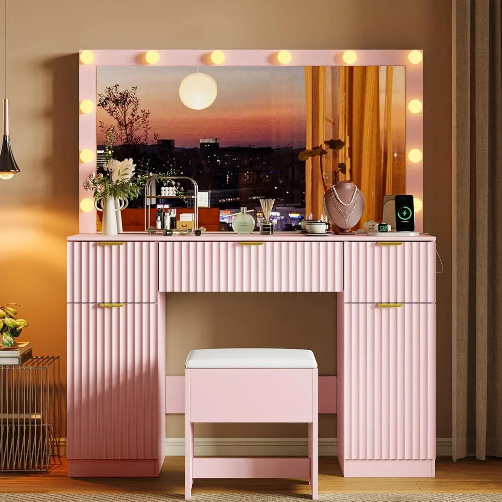 Fluted Vanity Desk with LED Mirror Charging Station 3 Light Modes
