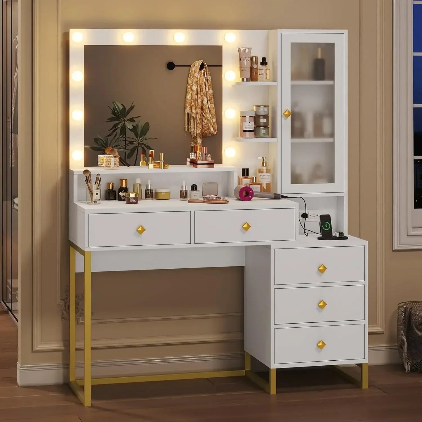 Large Makeup Vanity with Lights Charging Station and 5 Drawers