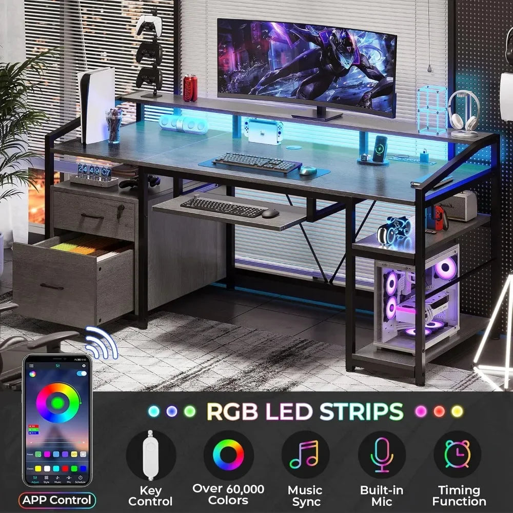 63 Inch Computer Desk Office Desk with Lockable Drawers LED Lights Power Outlet