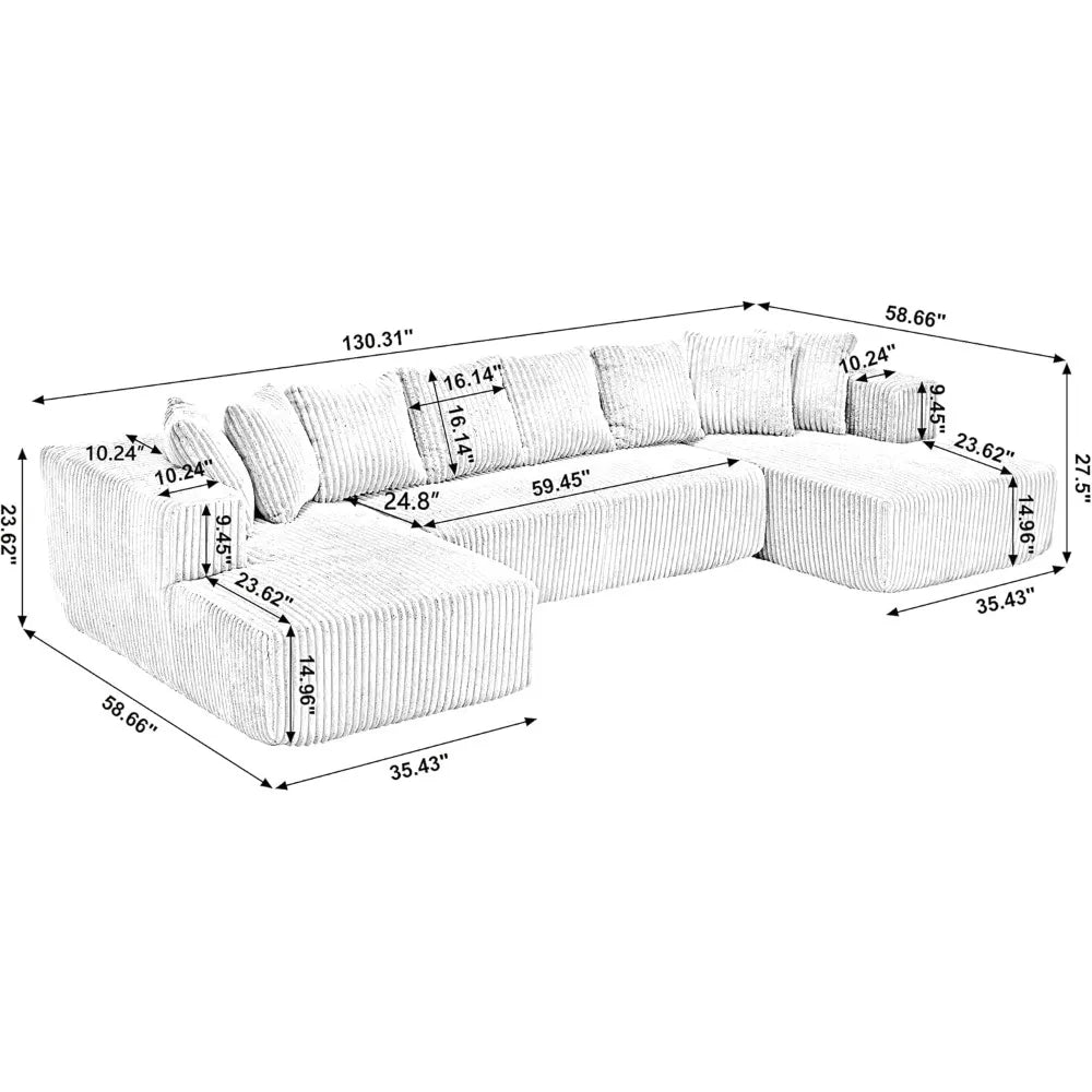 Modern Black U-Shaped Corduroy Sectional Sofa w/ Chaise Lounges, 130" Wide