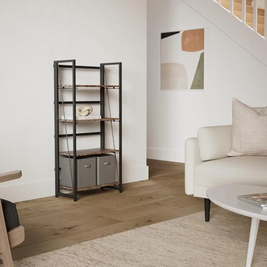 No-Assembly Folding Bookshelf 4 Tier Vintage Storage Organizer Rack