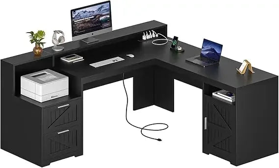 63 Farmhouse L Shaped Executive Desk with Storage and Power Outlets