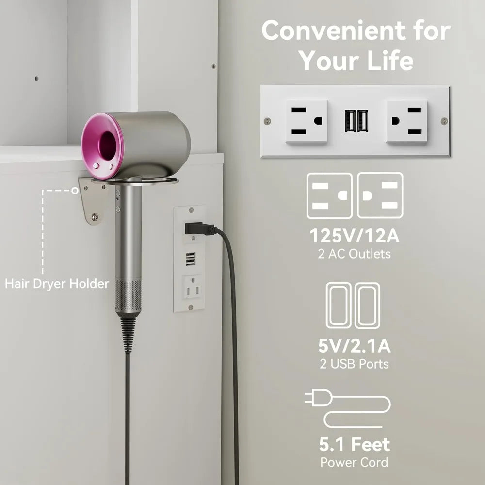 Vanity Desk with Mirror Lights Power Outlet Makeup Table Storage