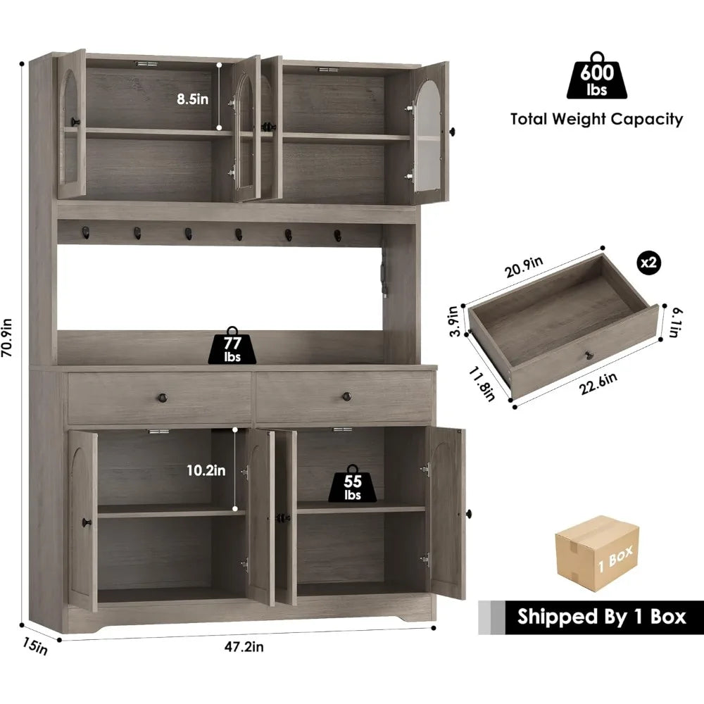 71 Inch LED Kitchen Pantry Cabinet with Power Outlet and Storage Space