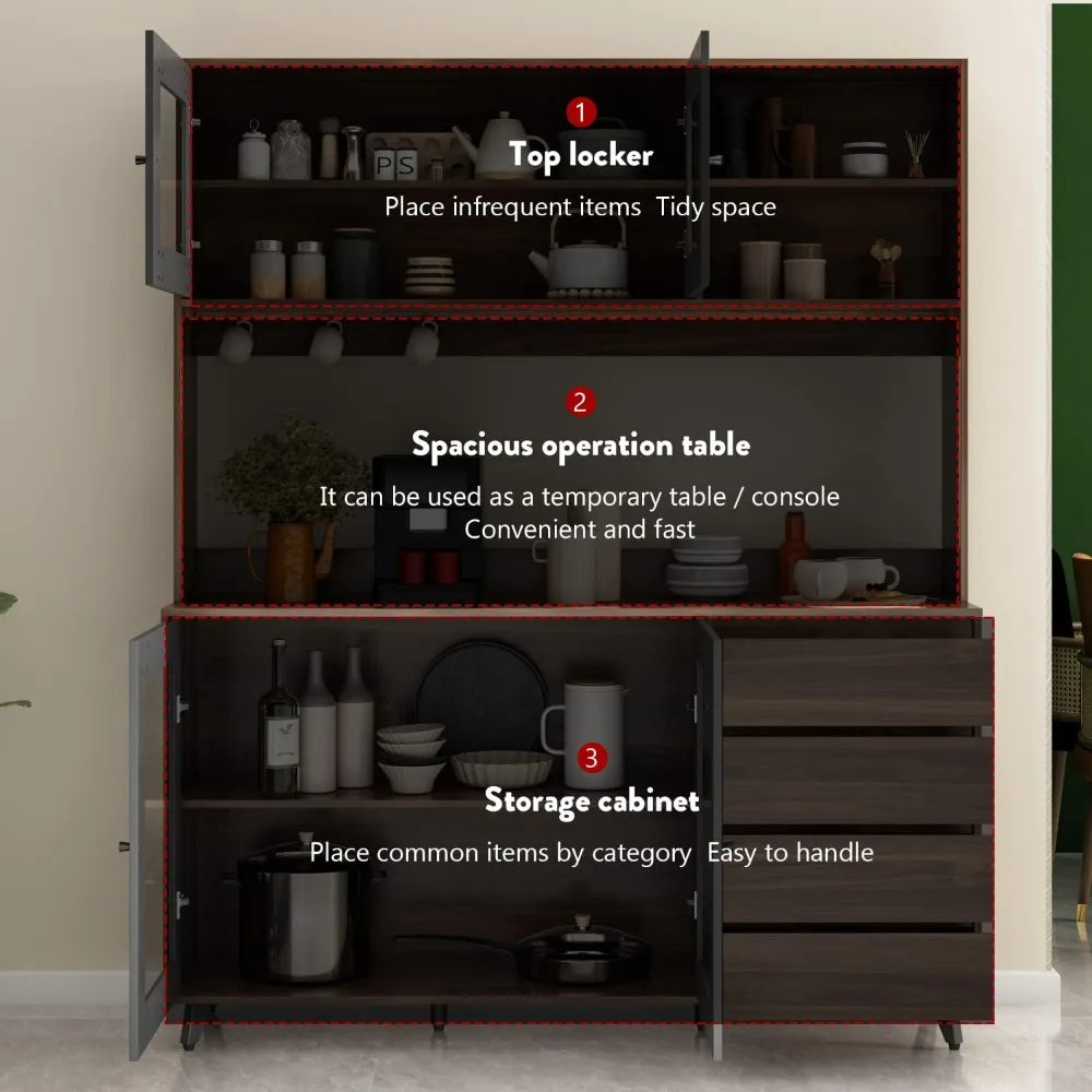 Tall Kitchen Pantry Cabinet with 4 Drawers Doors Microwave Stand