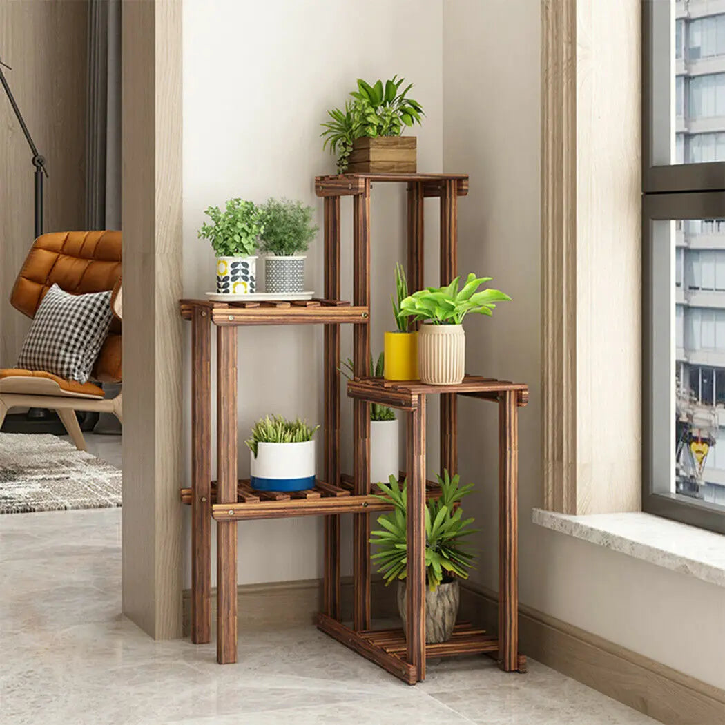 6 Tier Wood Plant Corner Stand Indoor Outdoor Display Shelf Rack