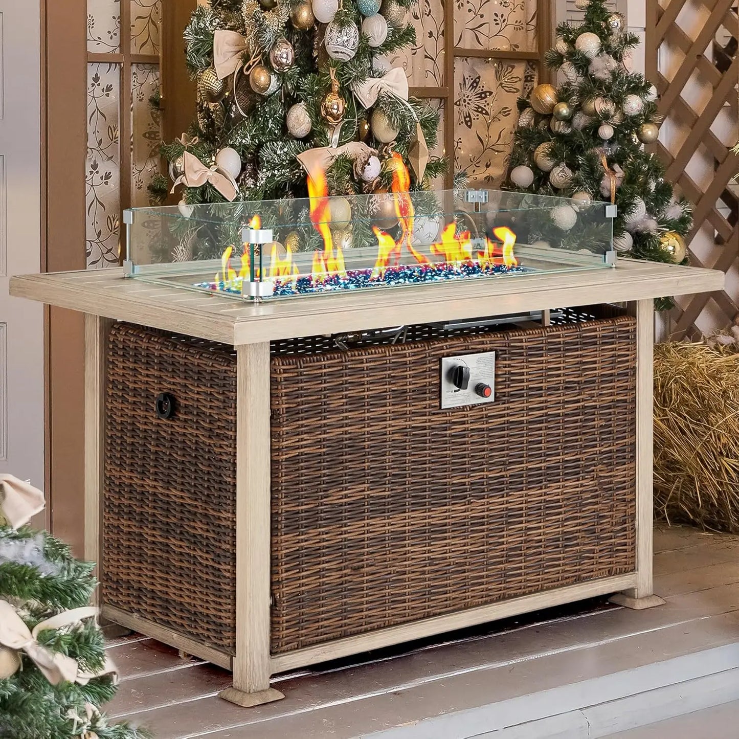 50in Propane Fire Pit Table with Glass Wind Guard Outdoor Gas Firepit