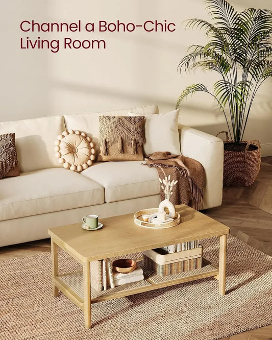 2-Tier Rounded Corners Coffee Table with PVC Rattan Shelf for Living Room