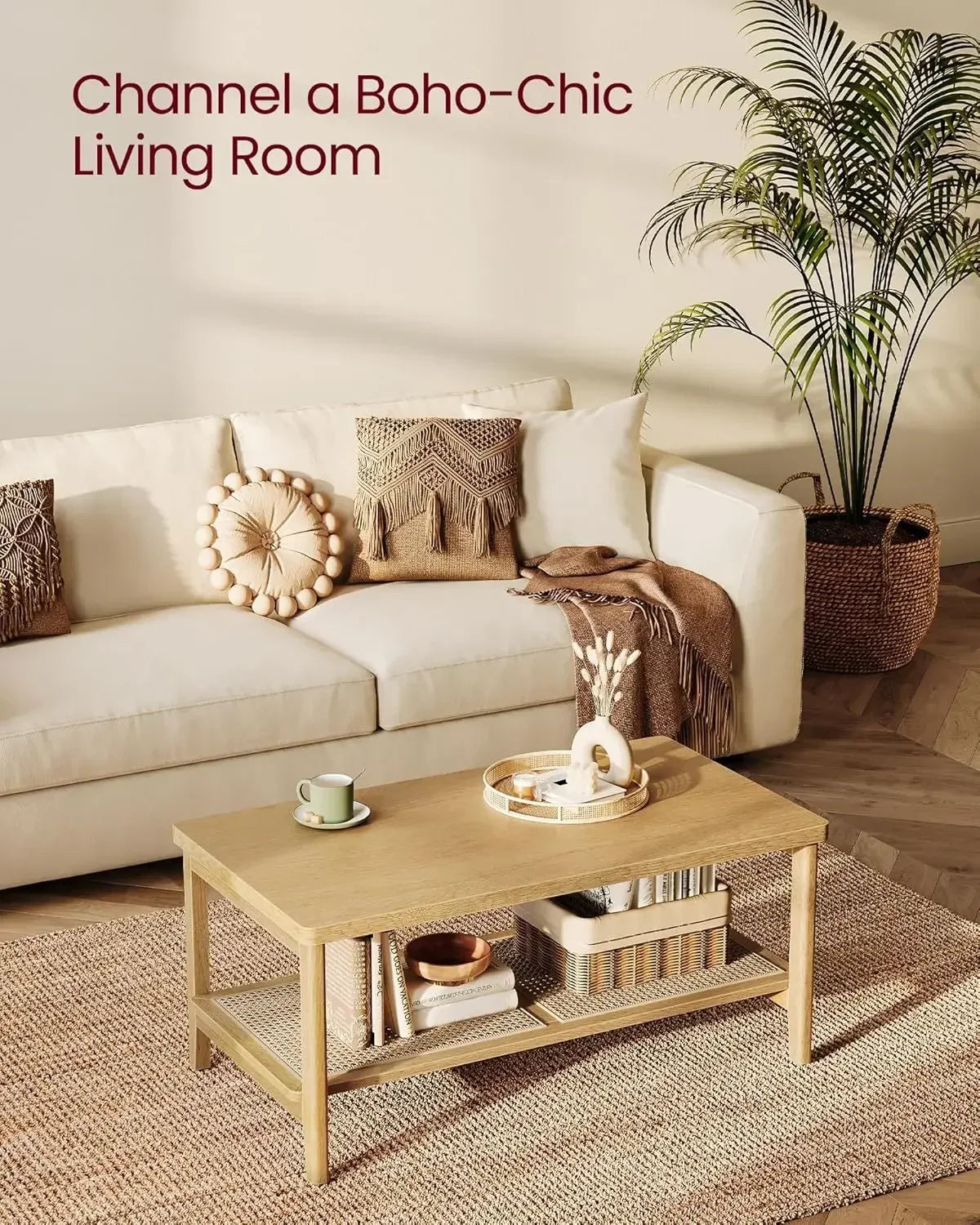 Ljustra 2-Tier Coffee Table with PVC Rattan Shelf for Living Room
