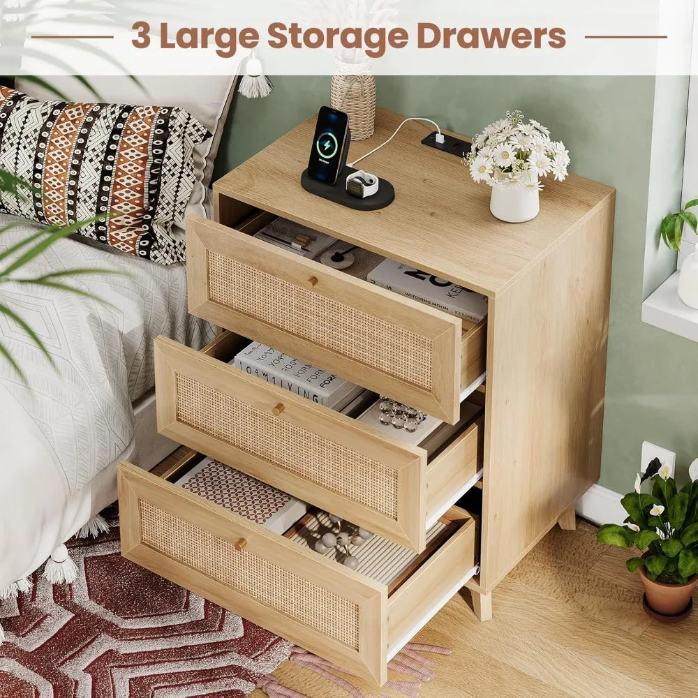 Rattan Nightstand with Charging Station 3 Large Drawers Boho Style