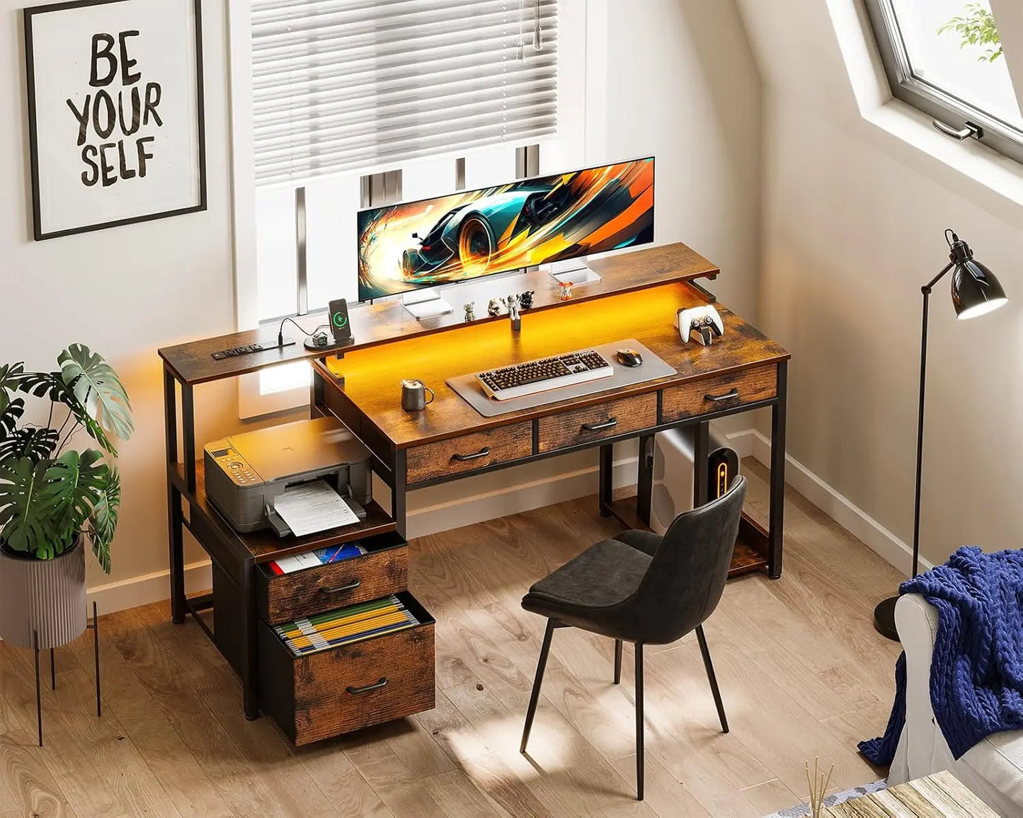 55 Inch Computer Desk with Drawers LED Lights Monitor Stand Storage