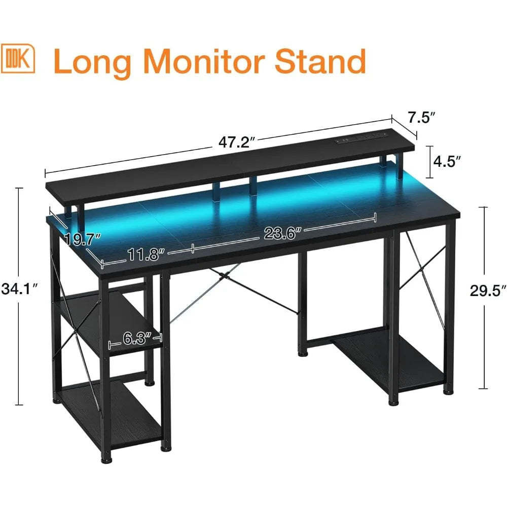 48 Inch Gaming Desk with LED Lights Power Outlets Monitor Stand Storage
