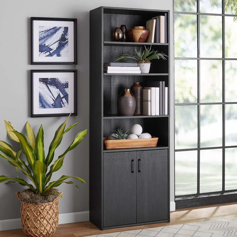 Traditional 5 Shelf Bookcase with Doors Adjustable Shelves Hidden Storage