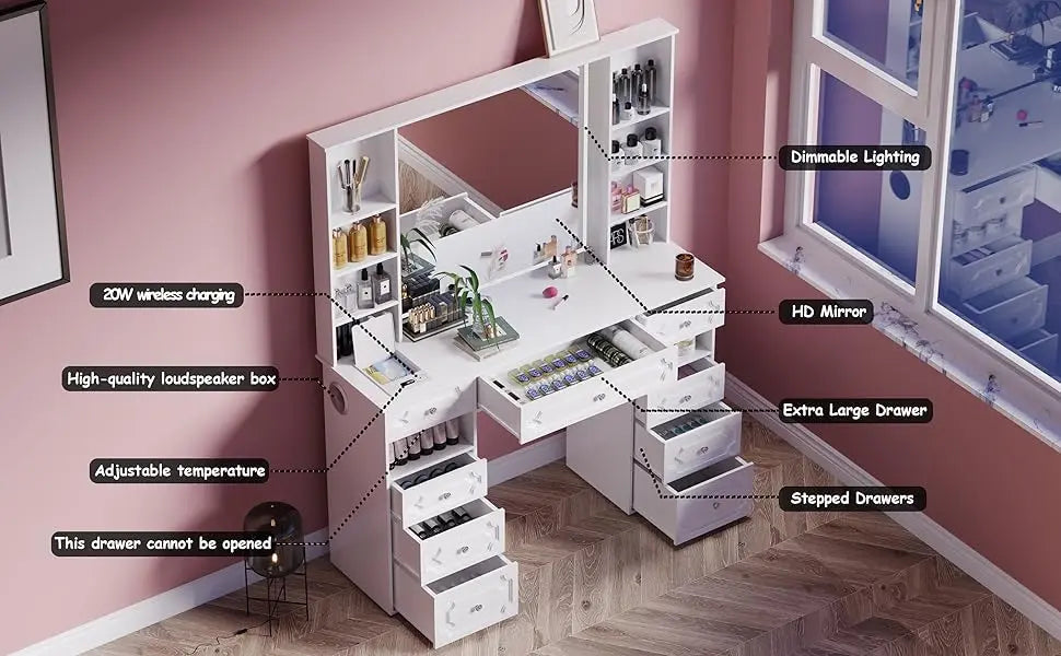 Dressing Table Vanity Desk with Mirror Lights Bluetooth Speaker Makeup