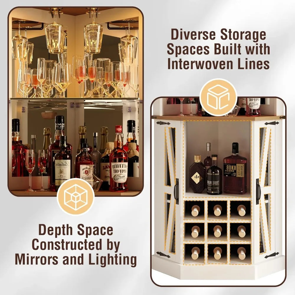Corner Bar Cabinet 72 Inch Wine Storage LED Lights Glass Rack Coffee Station