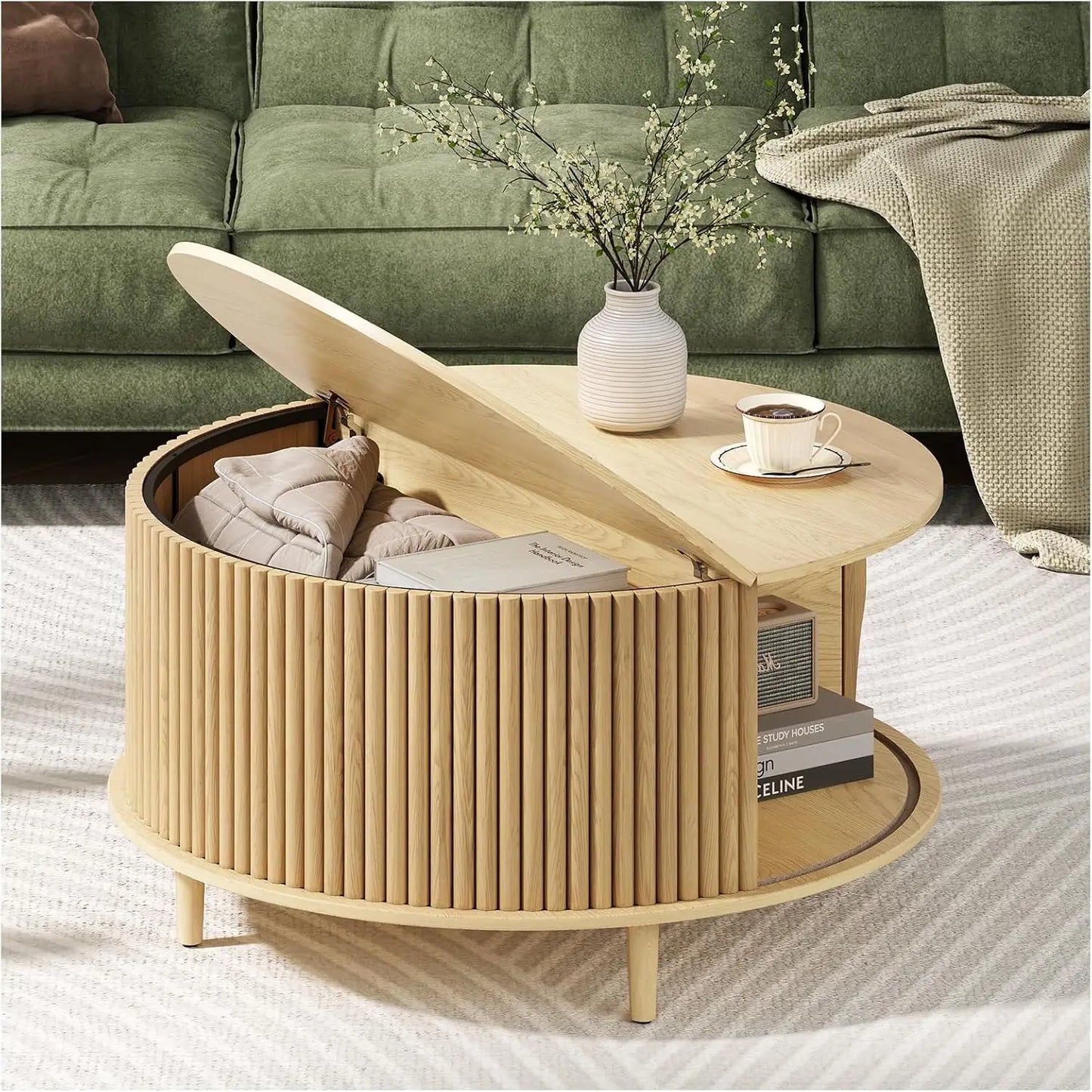 Round Coffee Table with Storage Fluted Design Small Center Table