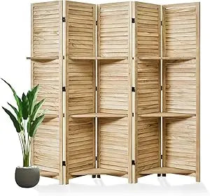 Room Divider with Shelves Folding Wood Screen 5 Panels for Home Office