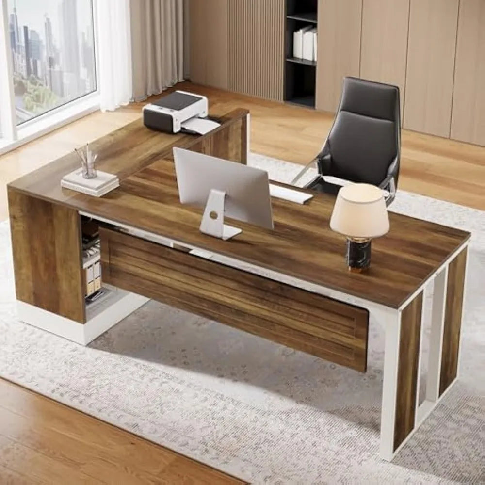 L-Shaped Executive Desk Office Workstation with Cabinet Storage