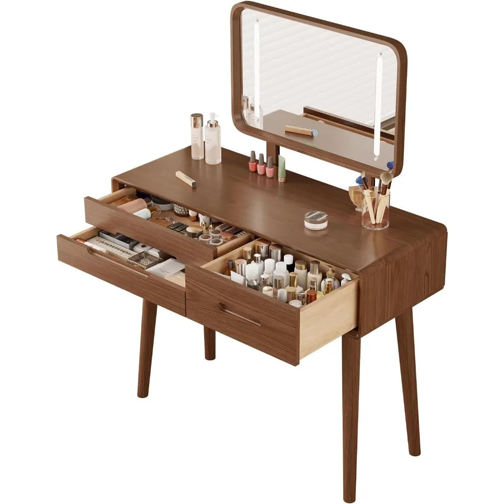 Solid Wood Makeup Vanity Desk with Adjustable LED Mirror Lighting
