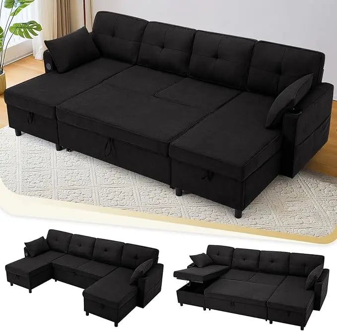 Ljustra Modern Chenille Sectional Sofa, U-Shaped, Pull Out Bed, Adjustable Back, Storage Chaises