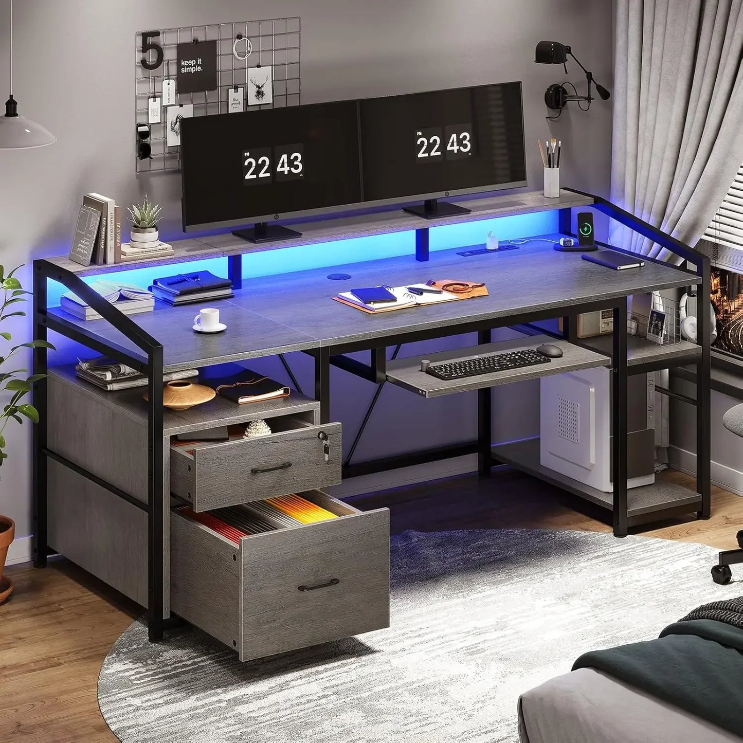 63 Inch Computer Desk Office Desk with Lockable Drawers LED Lights Power Outlet
