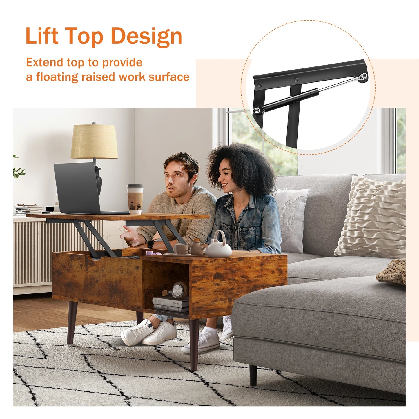 Ljustra Lift Top Coffee Table Modern Adjustable Storage Living Room 39.37"x19.7"
