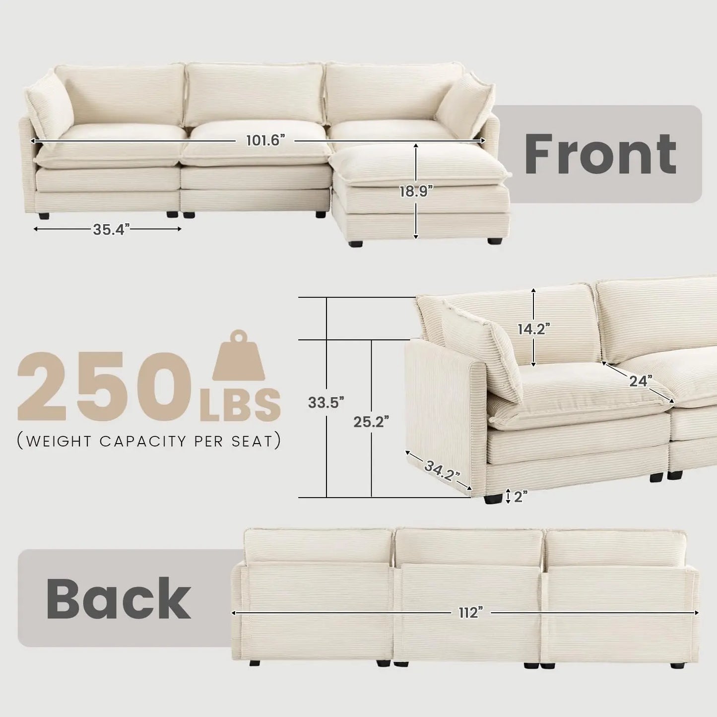 112 Inch 4 Seat L Shaped Modular Corduroy Sofa Set for Living Room