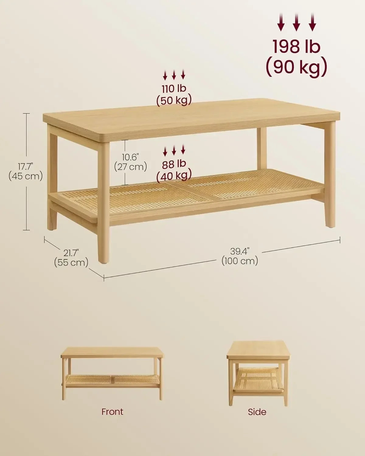 2-Tier Rounded Corners Coffee Table with PVC Rattan Shelf for Living Room
