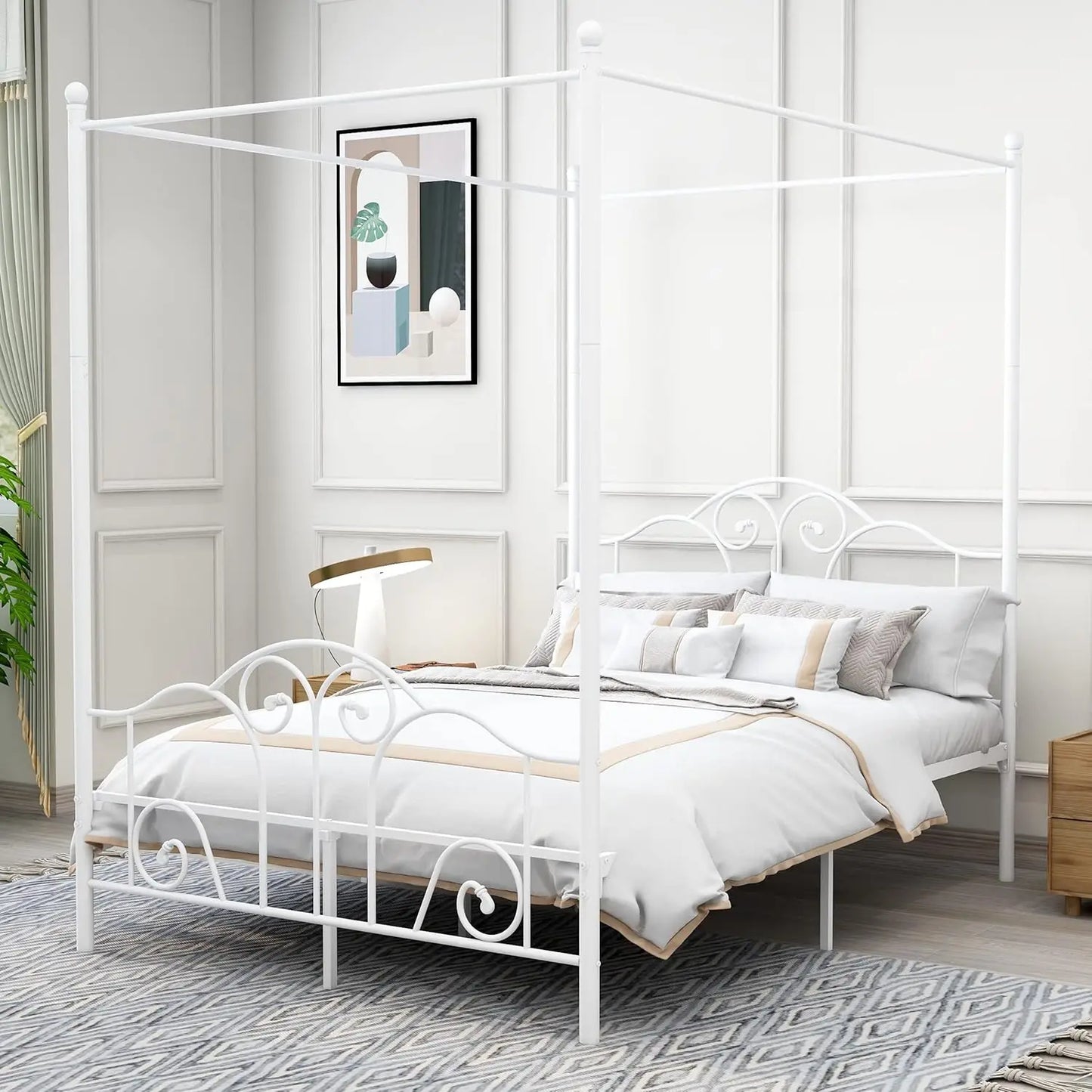 Full Size Four-Poster Metal Canopy Bed Frame with Headboard and Footboard