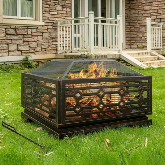 Large 32 Inch Outdoor Fire Pit Wood Burning Square Metal Fireplace