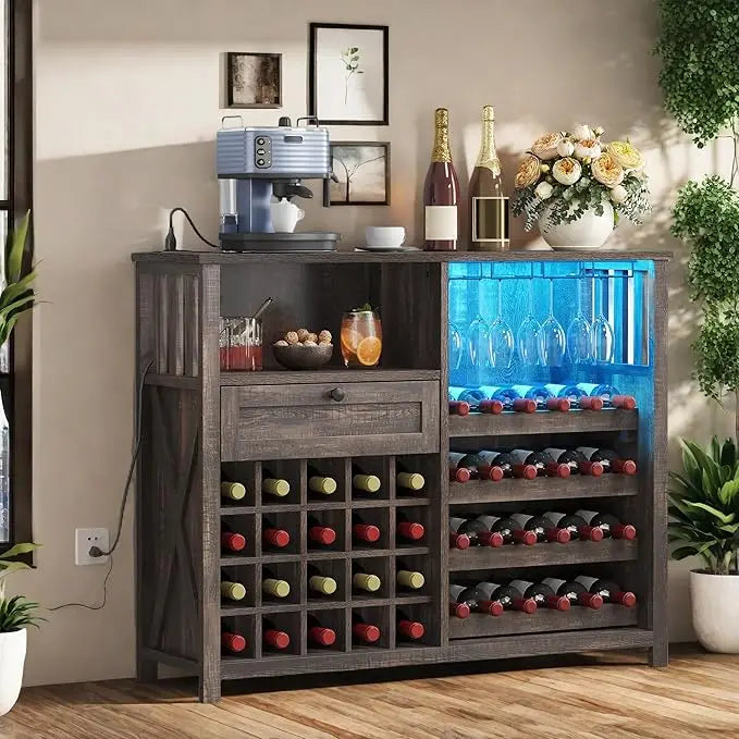 Wine Bar Cabinet with LED Light and Power Outlet Kitchen Buffet Sideboard
