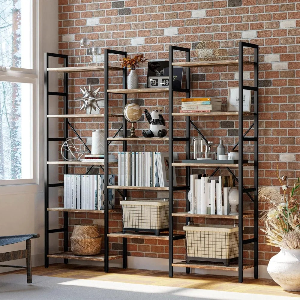 Triple Wide Industrial Bookshelf 5 Tiers Large Open Display Shelf