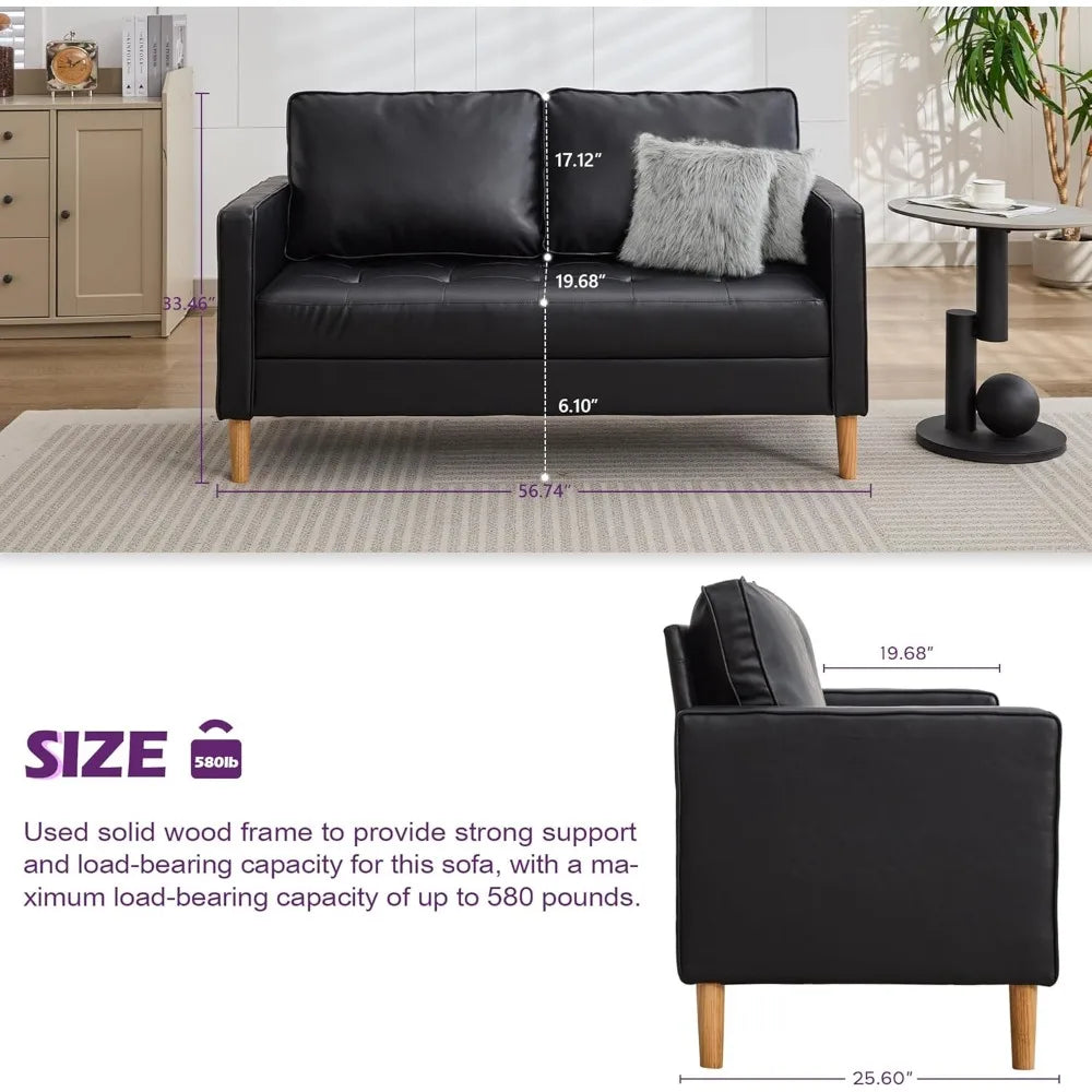 57 Inch Black Faux Leather Sofa Loveseat Mid Century Modern Style