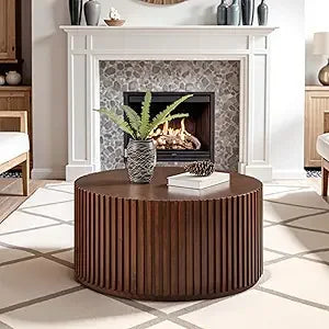 Round Wood Coffee Table Set of 2 Handcrafted Modern Accent Tables