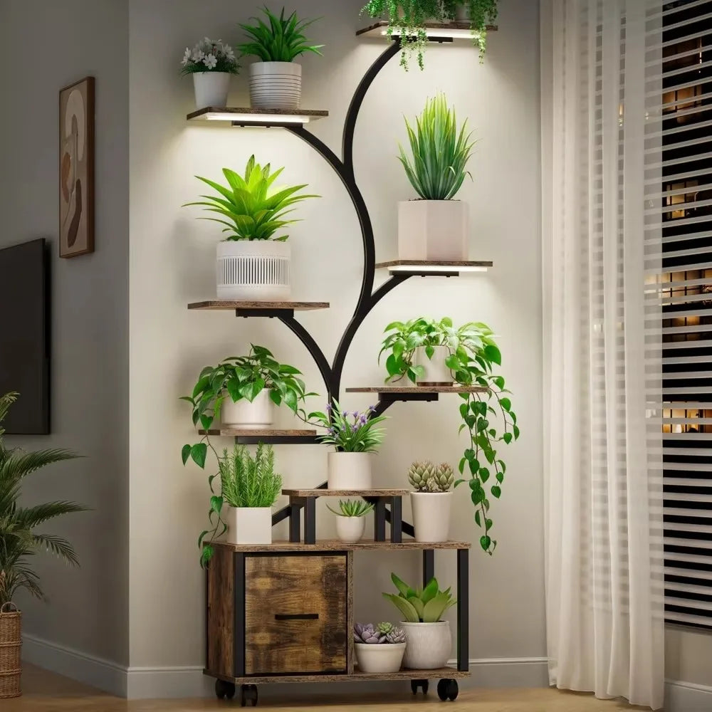 65 Inch Indoor Plant Stand with Grow Lights Tiered Metal Shelf with Wheels