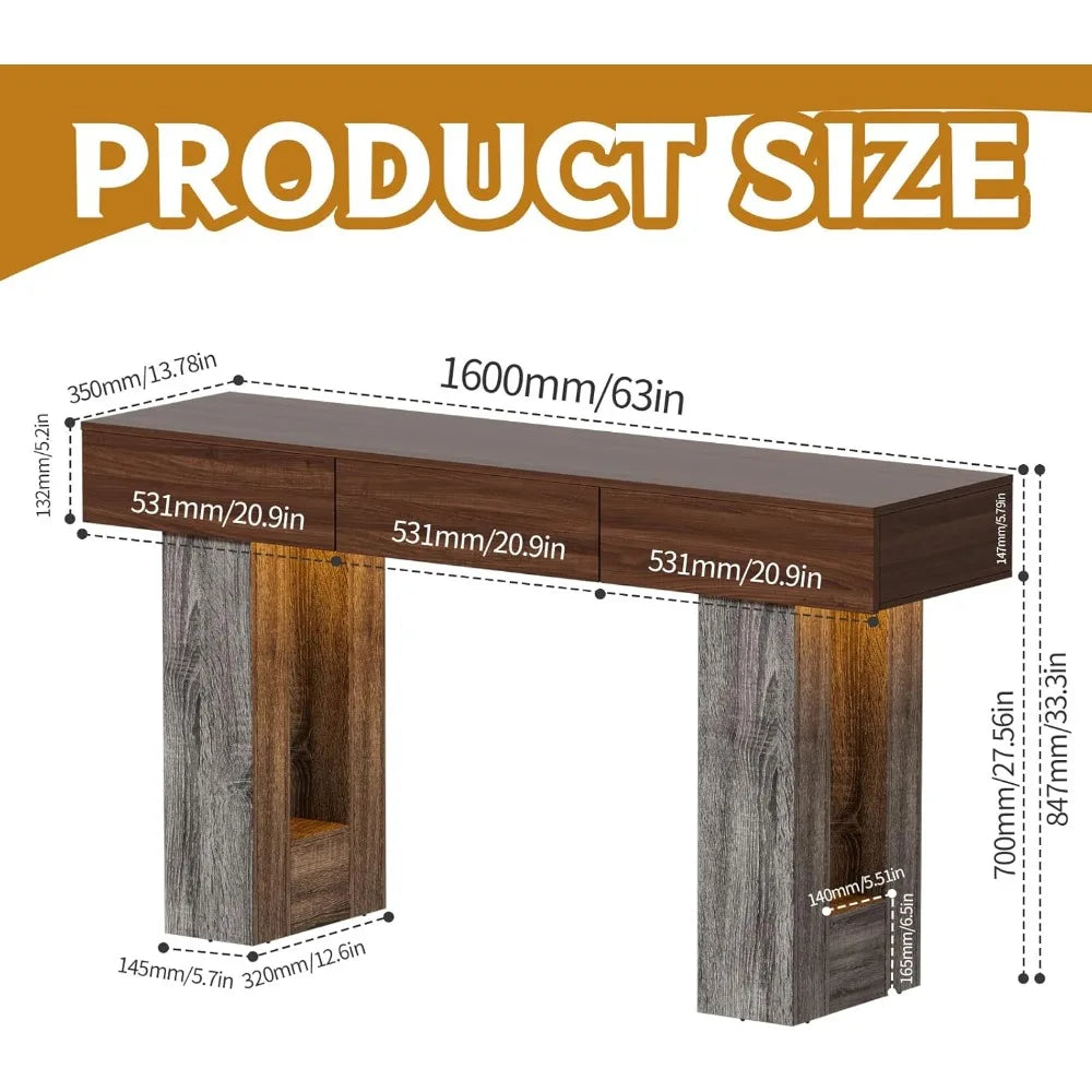 63-Inch Console Table with LED Lights and 3 Drawers for Entryway Living Room
