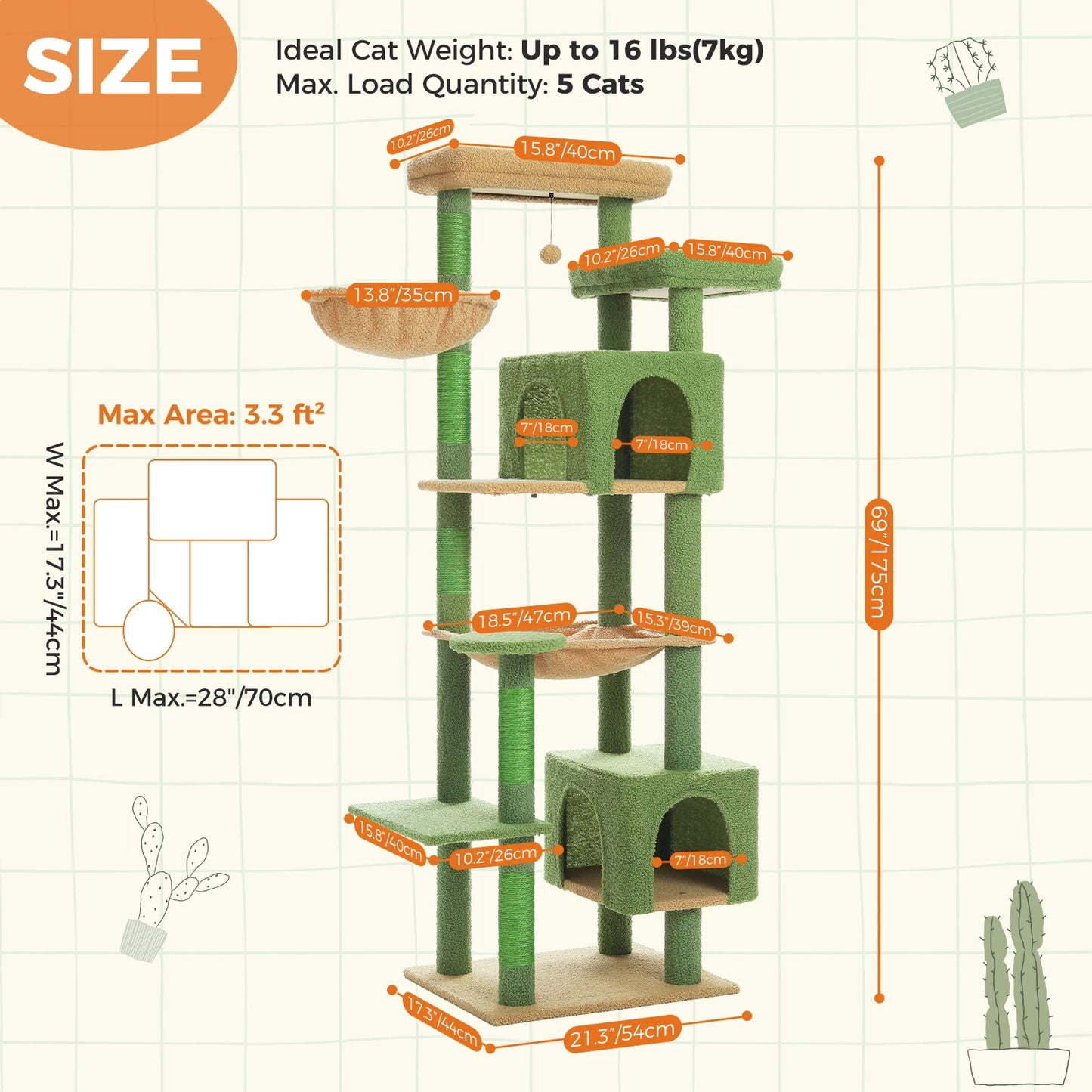 175cm Cat Tree for Large Cats with Hammock Condo Perch Scratching Posts