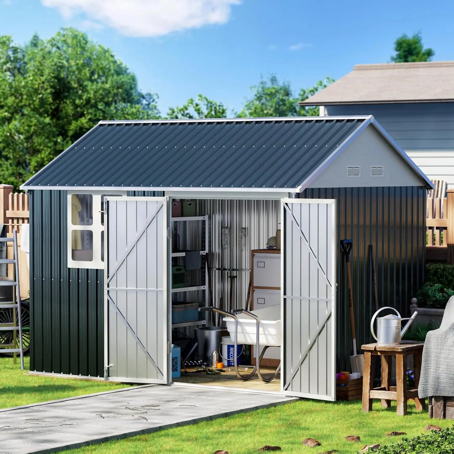 Outdoor Steel Storage Shed with Lockable Doors and Window for Garden