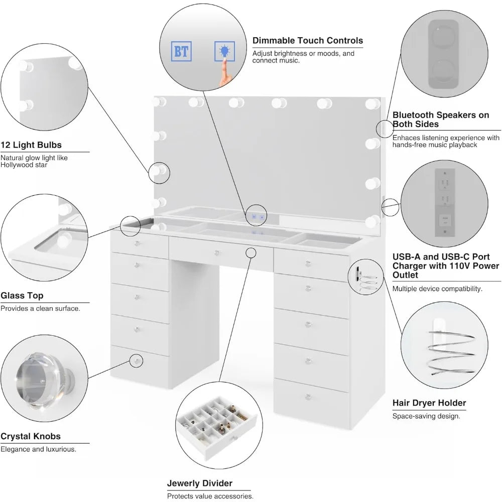 elle white makeup vanity desk with bluetooth speaker and hollywood lights