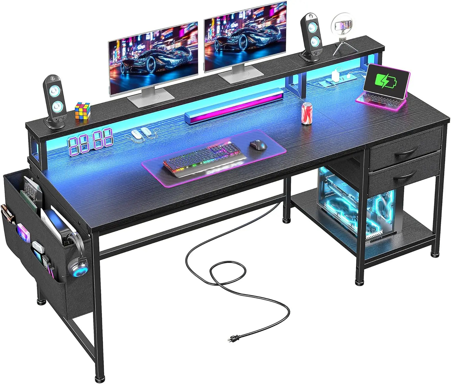 Ljustra Computer Desk with Drawers Storage Bag Power Outlets Monitor Stand