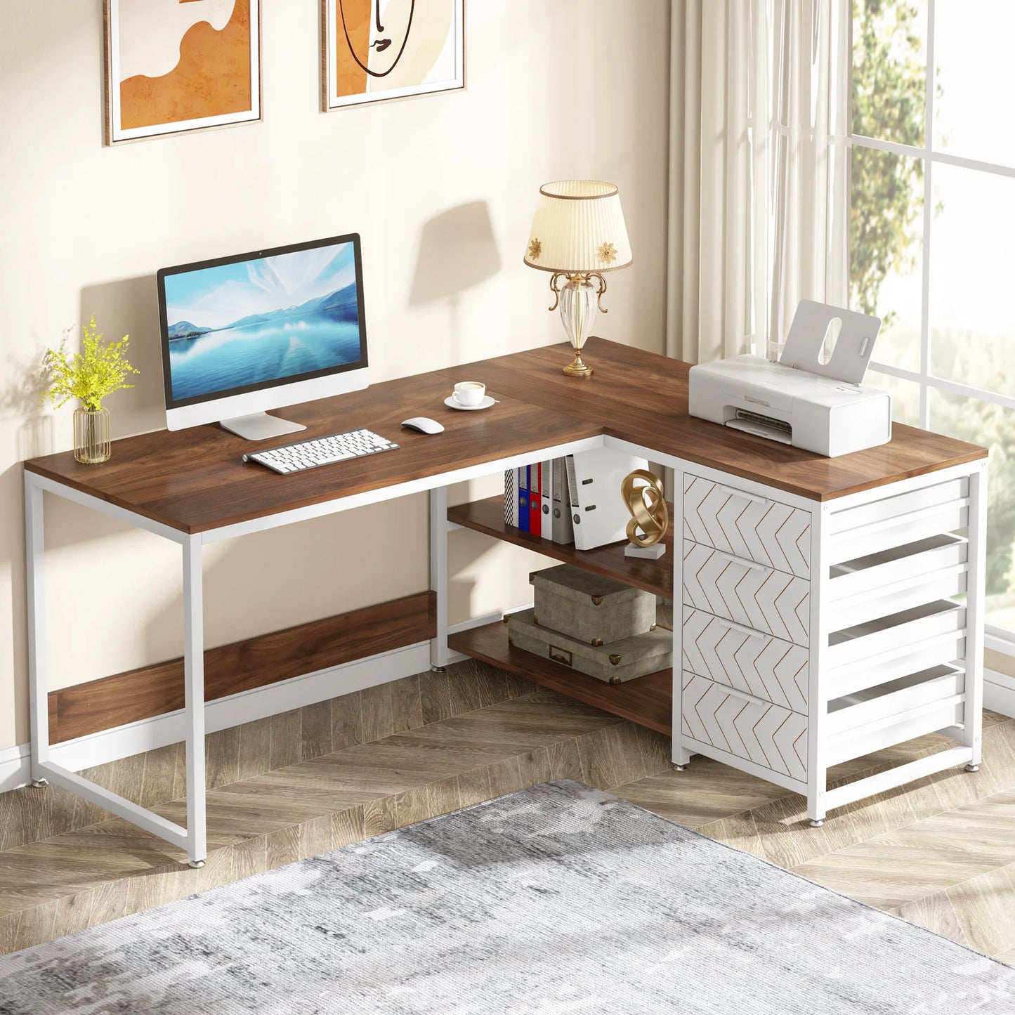 L Shaped Computer Desk with Storage Drawers Reversible Corner Desk
