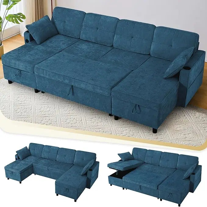 Ljustra Modern Chenille Sectional Sofa, U-Shaped, Pull Out Bed, Adjustable Back, Storage Chaises