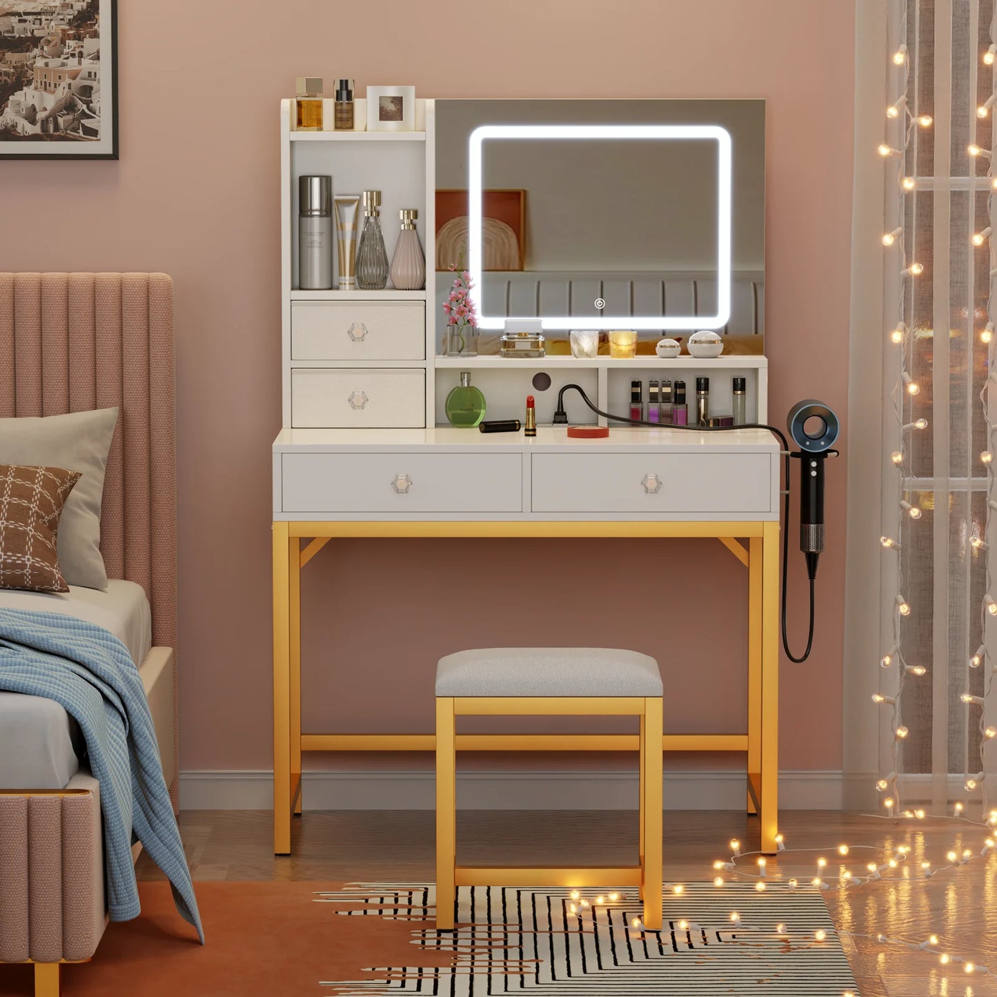 Satifur Vanity Desk with LED Mirror Power Outlets Makeup Stool Set