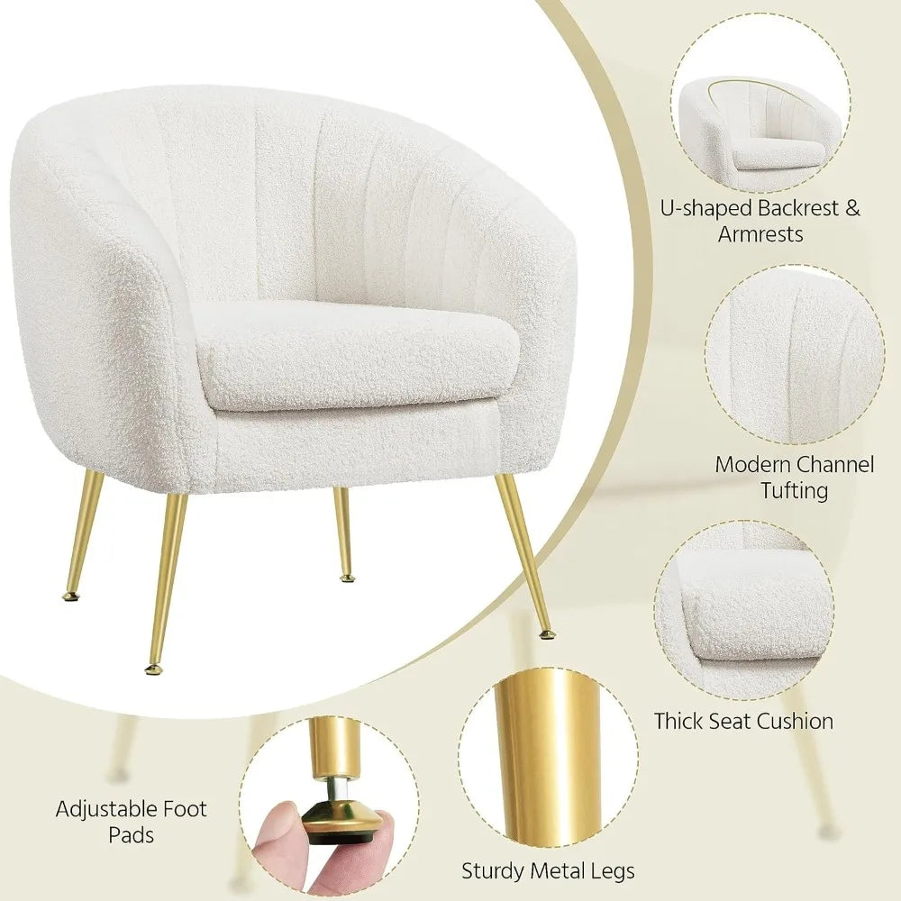 Modern Cozy Accent Chair Boucle Fabric Armchair Gold Metal Legs