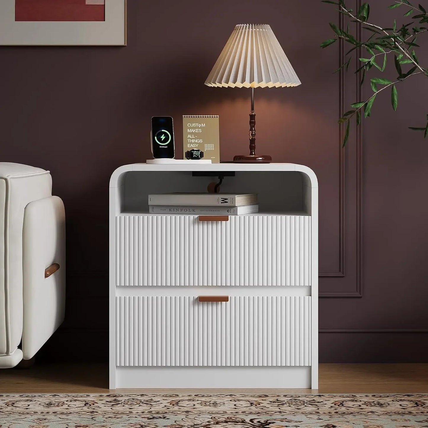 24 Inch Fluted Nightstand with Charging Station and 2 Drawers Storage