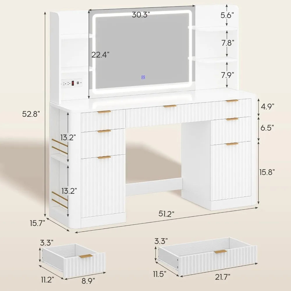 51.2" Fluted Makeup Vanity Desk with Mirror Lights 5 Drawers Shelves