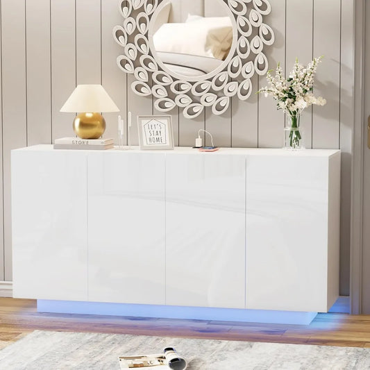 White Buffet Cabinet Sideboard Storage Coffee Bar with LED Lights