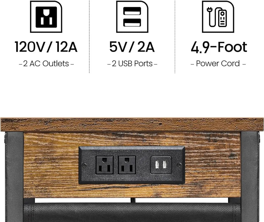 Shaped End Table Set of 2 with Charging Station USB Ports Storage Bag